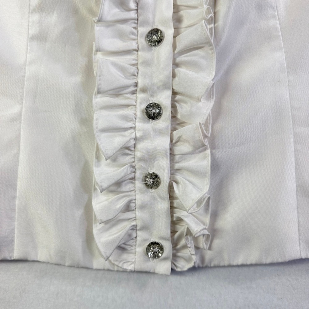 Vintage 90s White Satin Ruffle Rhinestone Tuxedo Vest M En Francais Huey - Picture 5 of 12